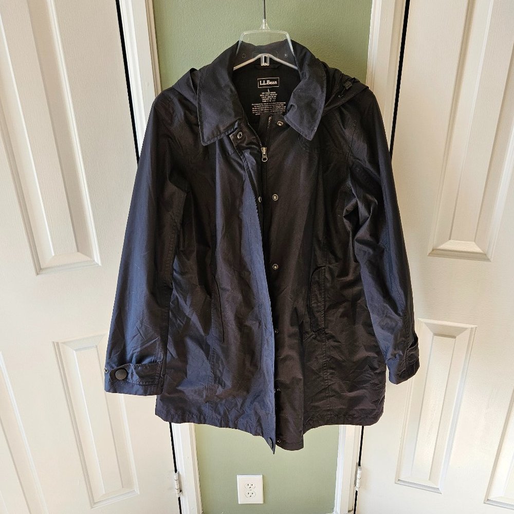 L.L. Bean Black Rain Jacket Women's Large L - Lightweight Hooded- Missing Lining